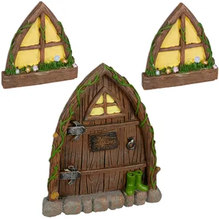 Relaxdays Feentür, 3-TLG. Set, 2 Wichtelfenster, 1 Wichteltür, wetterfeste Gartendeko, Baumdekoration, Kunststein, bunt