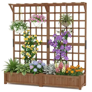 HOMASIS 2 Stück Blumenkasten mit Rankgitter & Dachregal, Pflanzkasten mit Spalier, 180 cm Pflanzkübel Hochbeet aus Holz, Rankhilfe für Kletterpflanz, Pflanzgefäß für Garten Balkon Terrasse (Braun)