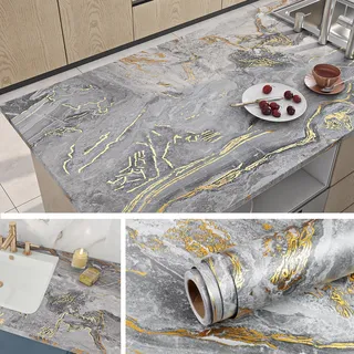 Livelynine Marmor Folie Selbstklebend Grau mit Vene Gold 500CM x 90CM Breit Marmor Tapete für Wand Grau Gold Wohnzimmer Schlafzimmer Abwaschbare Folie Arbeitsplatte Küche Badezimmer Klebefolie Küche
