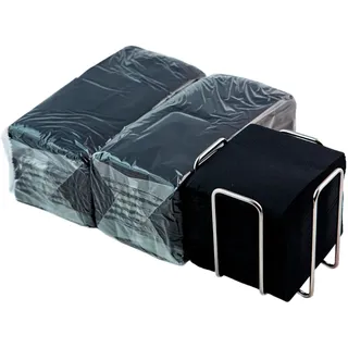 Packung mit 300 schwarzen Cocktailservietten aus Papier + Serviettenhalter aus Edelstahl, Mikropunkt-Textur, dicker und saugfähig, 10 x 10 cm, zusammengefaltet Hostelnovo