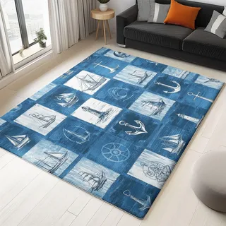 UUZEAI Waschbarer Teppich Traditioneller Maritimer Stil Anker Kompass Muster Design Teppich für Wohnzimmer, Schlafzimmer, Flur Deko, Weich Kurzflor rutschfest Bodenmatte Blau 60x90cm