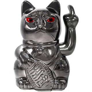 ANGRY CAT - Winkekatze Lucky CAT - Lustige winkende Katze - japanische Winkkatze mit Stinkefinger - Dekoartikel Wackelfigur Katze - Winke-Arm mit Mittelfinger - 15cm, Black Shiny