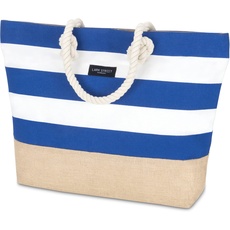 LARK STREET Strandtasche Blau Gestreift Beach Bag für Damen & Herren aus robustem Baumwoll Canvas & Jute - Badetasche mit Breiten Kordeln für angenehmen Große Tasche mit Reißverschluss