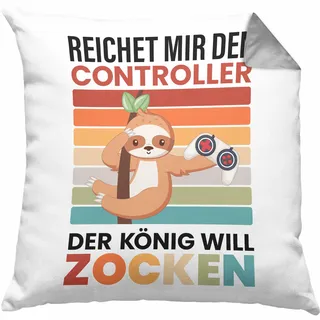 Trendation Zocken Reichet Mir den Controller König Kissen mit Füllung 40x40 Geschenk Gamer Jungs Jungen Geschenkidee Zocker Faultier Grafik (Grau)