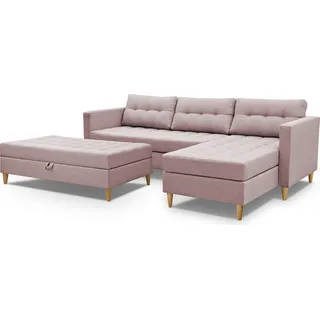 3xEliving Ecksofa MALORY - moderne Schlafcouch mit Hocker, in Hellrosa, Holzbeinen, Ottomane beidseitig montierbar, 220 cm breit, 6 Farbvarianten - Hellrosa