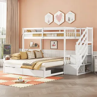 Etagenbett - 90 x 200 cm , Wei? , Kiefernholz , mit Ausziehfunktion , mit Schubladen , mit Stauraum , mit Treppe - Weiß