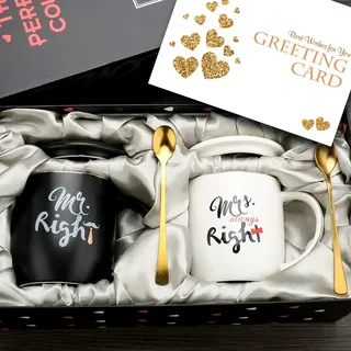 exreizst Mr Right and Mrs Always Right Kaffeebecher Hochzeitsgeschenk | Keramik-Marmorbecher im edlen Geschenkkarton mit Goldrand, inkl. Deckel & Löffel, perfekt für Brautpaar und Verlobte.