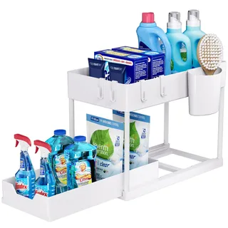 Puricon Unter Waschbecken Regal, 2 Etagen Standregal Küche Arbeitsplatte Regal Organizer, Mehrfunktional Küchenregal Gewürzregal Unterschrankregal Spülschrankregal -Weiß