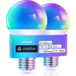 Linkind Matter Smart RGBTW Glühbirne, E27 Lampe Alexa, 45 Szenen & Musiksync, 16 Mio. Farben, Matter über 2.4GHz WiFi, A60 LED Birne kompatibel mit Apple Home/Siri/SmartThings/Google Home, 2 Stück