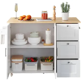 Okwish Kücheninsel mit Klappbarer Arbeitsplatte 3 Schubladen 135x44-70x90cm Weiß