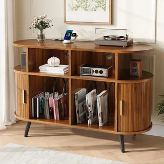 STILVORA Plattenschrank mit Schiebetür, HiFi-Schrank mit Ladestation, Sideboard mit Kabeldurchlass, Schrank aus MDF - Braun