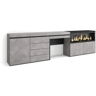 Skraut Home | Schminktisch | Frisiertisch mit Stauraum | 284x75x35 cm | mit Schublade | Elektrokamin XXL | Kommode mit Schubladen | Moderner Stil | Zement