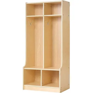 SucceBuy Offener Kinderkleiderschrank aus Sperrholz, Garderobe mit 4 Haken und 6 Fächern (2 große und 4 kleine), Regal für Kleidung und Aufbewahrung im Kinderzimmer, Zuhause oder Kindergarten