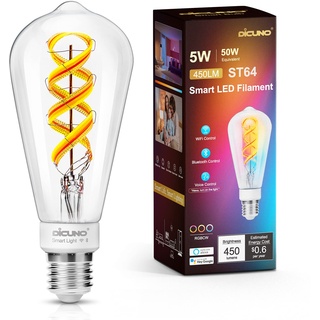 DiCUNO Smart vintage Glühbirne E27, 5W Filament ST64 Edison, LED intelligente Birne 450lm, RGBCCT Dimmbar 2700-6500K, via APP steuerbar, kompatibel mit Alexa, Echo Dot, Google Home, 230V, 1er-Pack