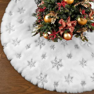 Weihnachtsbaumdecke Rund,90 cm Weiß Plüsch Weihnachtsbaum Rock,Kunstfell Schneeflocke Weihnachtsbaum Röcke,Christmastree Skirt Baumdecke Schürze Ornamentes für Weihnachtsbaumständer Tannenbaumständer