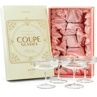 GLASSIQUE CADEAU Vintage Art Deco Gerippte Coupe Gläser | 4er Set | 200 ml Klassische Cocktailgläser für Champagner, Espresso Martini, Cosmopolitan und Daiquiri | Speakeasy Kristall Champagnerschalen