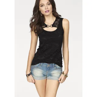 Spitzentop MELROSE, Damen, Gr. 36, schwarz, Jersey, Obermaterial: 95% Viskose, 5% Elasthan. Spitze: 95% Polyamid, 5% Elasthan, unifarben, tailliert, Tops Spitzentop, mit Zierschnalle, Topseller