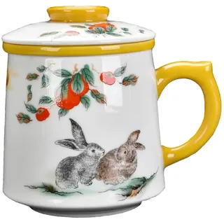 YURROAD 415ml Chinesische Teetassen Keramik Tee Becher 3 in 1 Teetasse mit Deckel und Sieb Porzellan Kaninchen Teebecher mit Handgriff Tee Tassen Geschenk Chinese Tea Cup für Personalisierte Tasse