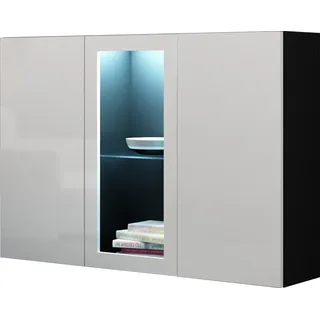 Furniture24 Kommode Vigo 3 türiger Wohnzimmerschrank Sideboard Hängeschrank mit Led Beleuchtung Schwarz/Weiß Hochglanz
