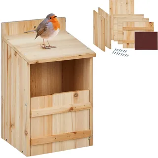 Relaxdays Nistkasten für Halbhöhlenbrüter, Bausatz, Einflugspalt HxB: 10 x 19 cm, Holz, Vogelhaus zum Aufhängen, Natur