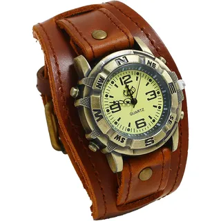 OIDEA Uhren Herren Leder Armbanduhr: Braun Punk Echt Leder Armband Herrenuhr Analog Quarz Uhr mit arabischen Zifferblatt Retro Steam Punk Vintage Geschenk für Männer Freund