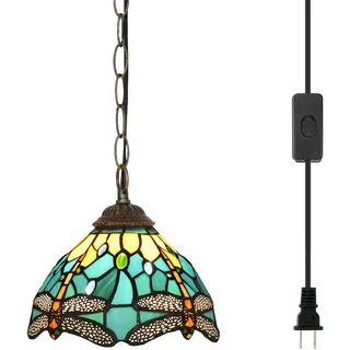Blivuself Tiffany Pendelleuchte mit 8 Zoll Lampenschirm Grün Libelle Stil Hängelampe Handmade Stained Glass Hängelampe höhenverstellbar für Küche Insel Esszimmer Flur