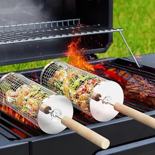 Rollendes Grillkorb Set mit Holzgriff 2 Stück 28.5cm x 10cm Grillnetzrohr für Außengrill Gemüse Edelstahl Grillkorb für Grill Zubehör Drehspieß