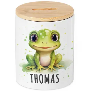 Frosch Spardose für Kinder personalisiert mit Namen Sparschwein aus Keramik mit Bambusdeckel Geschenk für Mädchen & Jungen