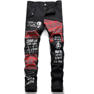 FULUJIDI Jeans Pantalon Herren Tartan Patchwork Jeans Punk Niet Patch Denim Hosen Buchstaben Bedruckt Schlanke Gerade Hose 38 Schwarz