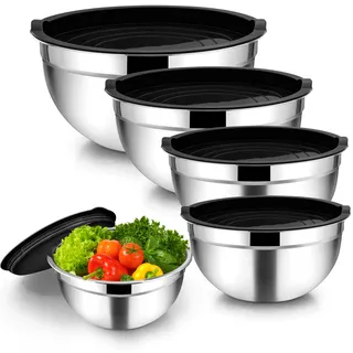 Homikit Rührschüssel, 5 Stück Schwarz Edelstahl Schüssel Set mit Deckel | Salatschüssel mit Luftdicht Deckel für Küche, 4,5L, 2,7L, 1,5L, 1,2L, 0,7L, Stapelbar, Vielseitigkeit, Spülmaschinenfest