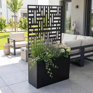 casa.pro Blumenkasten mit Sichtschutz Bernalda 146x83x31 cm Schwarz | Trennwand, Rankgitter, Metall, für Balkon, Terrasse, Pflanzkübel hoch, indoor, outdoor