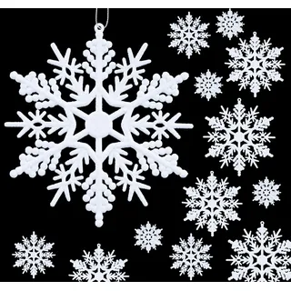 Anstore 56 Stück Schneeflocken Weihnachten Deko, Weihnachtsbaumschmuck Anhänger, Glitzernde Kunststoffornamente in Verschiedenen Größen, Christbaumschmuck Weiß