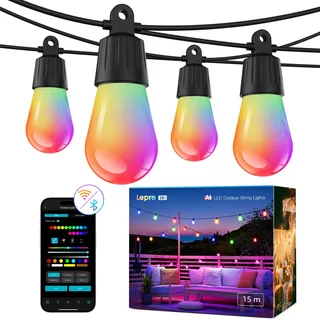 Lepro ZB1 AI LED Lichterkette Außen 15m, RGB+Warmweiß Smarte LED S14 WLAN Glühbirnen,App-Steuerung,Funktioniert mit Alexa&Google,IP65,Personalisierter KI-Lichtdesigner,ohne Fernbedienung, 15 LEDs