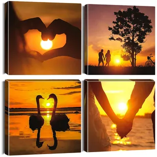 Artscope 4 Teilig Leinwandbilder mit Liebe bei Sonnenuntergang Motiv Kunstdruck - Moderne Wandbild für Küche Badezimmer Wohnzimmer Wanddekoration - 30 x 30 cm