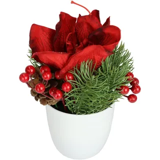 Kunstblumen Gesteck Amaryllis 20 cm im Topf – Weihnachtsdeko mit Tannenzweigen, Beeren & Zapfen – Dekoblume Weihnachtsblume Gesteck Winterblume Dekoarrangement Tischdeko rot für Tisch & Fensterbank