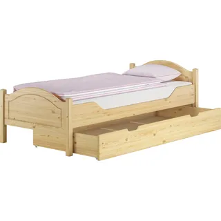 Massivholz Bett 100x200 Kieferbett Einzelbett Gästebett Futonbett Zubehör wählbar V-60.30-10Rollrost. Matratzen und Bettkasten inkl. - Naturbelassen