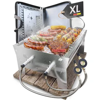 ovicue Grill | Mobiler Steck-Gasgrill groß XL | 2 Brenner | Tragbarer Edelstahlgrill mit Stecksystem – Gas- & Holzkohlebetrieb Inkl. Tragetasche – Perfekt für Camping, Balkon, Garten & Outdoor