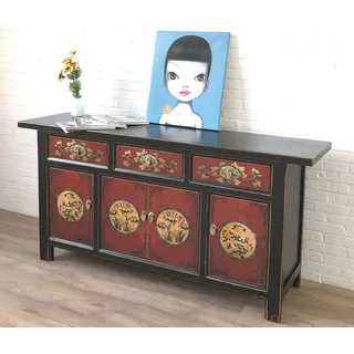 Sideboard Kommode Schrank Lowboard Möbel chinesisch asiatisch orientalisch rot-schwarz Büffet Anrichte Vintage Shabby Chic Landhaus Stil China Asia - Rot, Schwarz