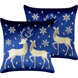 BELIANI Dekokissen 2er Set Dunkelblau u. Gold Samtbezug mit Füllung 45x45 cm Weihnachtsmotiv Rentiere Schneeflocken Bestickt Wohnzimmer Schlafzimmer - Blau