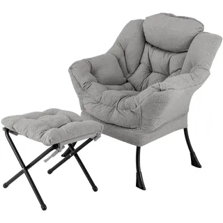 FANTASK Sessel mit Hocker, Relaxsessel mit Armlehnen, Seitentasche & Fußstütze, Loungesessel, gepolsterter (Grau)