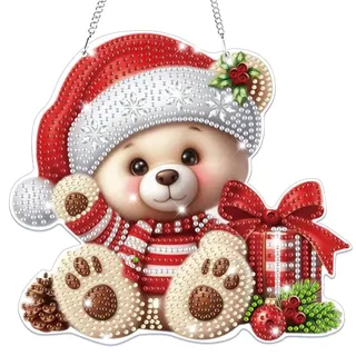 Lxmsja 5D Diamond Painting Weihnachten Anhänger, Bär Diamond Painting Fensterbilder Kinder Erwachsene, Hängende Ornament Bastelset Geschenk Mädchen 7 8 9 10 11 Jahre, Party Kranz Tür Fenster Deko