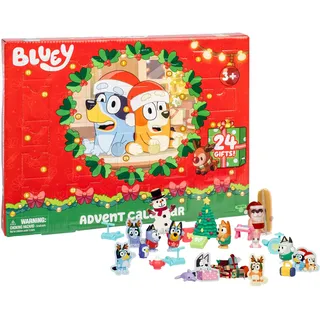 Blueys Adventskalender, entdecke hinter den 24 Türchen die 4 Mini-Figuren Bluey, Bingo, Muffin und Socks, 12 Zubehörteile, 3 Aufsteller aus Papier und 5 Sticker