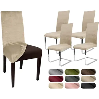 BEAUTEX 4er Set LEA Stuhlhusse, elastische Uni Stretch-Husse aus Samt Mikrofaser Farbe wählbar (Natur)
