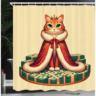 ABAKUHAUS Katze Duschvorhang, Reiche Königin Kätzchen Charakter auf Geld Chefin Tier Lustiger Cartoon, Stoffliches Gewebe Badezimmerdekorationsset mit Haken, 175 x 200 cm, Creme Jägergrün Orange