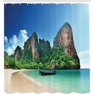 ABAKUHAUS Tropisch Duschvorhang, Railay Strand Krabi Thailand Kleines Boot Felsen Klippen Tropische Landschaft, Stoffliches Gewebe Badezimmerdekorationsset mit Haken, 175x220 cm, Blau Grün - Weiß