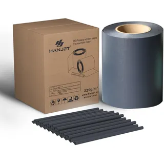 Hanjet Premium Sichtschutz für Garten PE 2,0 (ohne PVC) – Sichtschutzstreifen Anthrazit 70m x 19cm, Doppelstabmatten, Wetterfest Windschutz, Zaunfolie (225g/m2) für Balkon, Wohnhaus mit 50 Clips