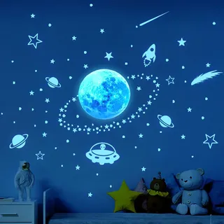 VYZUTR Leuchtsterne Kinderzimmer Sterne Leuchtend Selbstklebend Wandsticker Wandaufkleber Kinderzimmer Junge Mädchen Kinder Mond Astronaut Leucht Aufkleber Schlafzimmer Wohnzimmer Wandtattoo