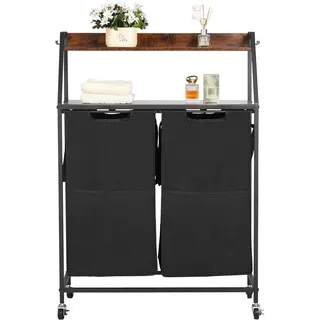 VEVOR Wäschekorb Wäschesortierer mit 2 Fächern (600D Oxfordstoff) & Holztischplatte, Wäschesammler auf Rollen mit Leiterregalen, Wäschetrenner Wäsche-Sortiersystem für schmutzige Kleidung