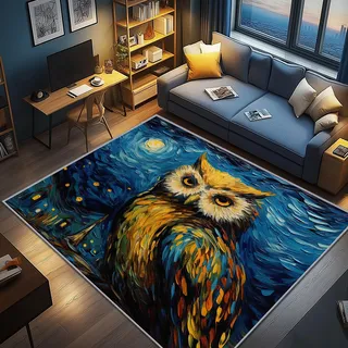 AevuCub Eule Deko, Sternennacht Teppich 100x150 Kurzflor, Teppich Wohnzimmer ölgemälde, Weich rutschfest Waschbare Teppiche, Bettvorleger Schlafzimmer Kinderzimmer
