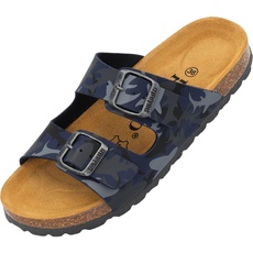 Palado Kinder Pantoletten Korfu Print - Jungen Sandalen mit verstellbaren Riemen - bequeme Schuhe mit Sohle aus feinstem Veloursleder - Hausschuhe mit Natur Kork-Fußbett Blau Sharks EU39